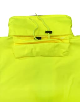A bright yellow rainproof jacket featuring a quilted design and a hood with adjustable cords. It includes branding.