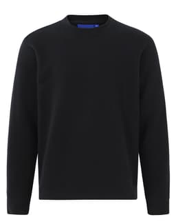 A black crewneck fleece sweatshirt featuring long sleeves and a ribbed hem. It includes a logo on the interior.