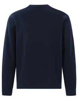 A navy crew neck fleece jumper with long sleeves and a plain back design. It features a logo on the front.