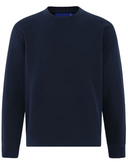 A navy crew neck sweatshirt with long sleeves, featuring a simple design and a logo on the front.
