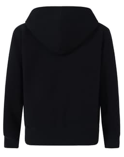 A black kid's full-zip fleecy hoodie with a hood, featuring a plain back design and ribbed cuffs.