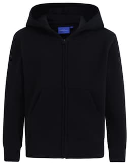A black full-zip fleecy hoodie with a hood and front pockets. It features a logo on the fabric.