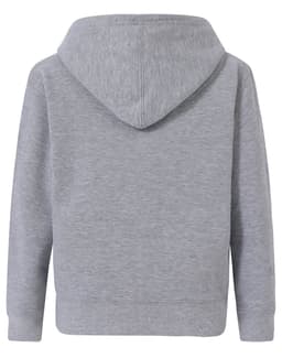 A grey kid's full-zip fleecy hoodie with a hood and long sleeves. The back view displays a simple design and logo.