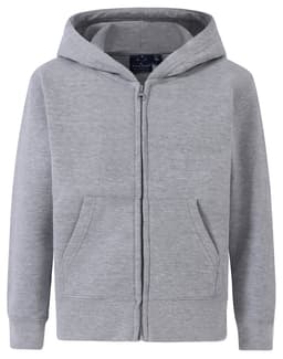 A grey full-zip fleecy hoodie with a hood and front pockets, featuring a logo on the chest.