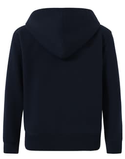 A navy full-zip fleecy hoodie with a hood, featuring long sleeves and a solid design.