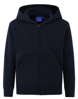 A navy blue full-zip fleecy hoodie with a front pocket and a hood, featuring a logo.