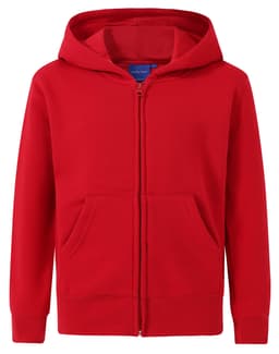 A red full-zip fleece hoodie with a hood and front pockets, featuring a logo.