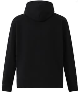 A black men's full-zip fleecy hoodie with a hood and ribbed cuffs, featuring a logo on the back.