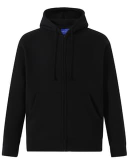 A men's full-zip fleecy hoodie in black with a hood and front pockets. It features a logo on the garment.