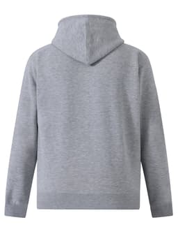 A grey men's full-zip fleecy hoodie with a hood and long sleeves, featuring a logo.