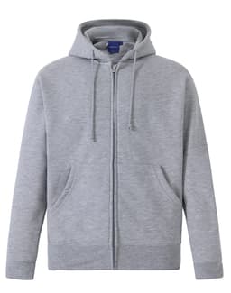 A grey men's full-zip fleecy hoodie featuring a hood and a logo.