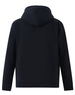A men's full-zip fleecy hoodie in navy blue, featuring a hood and long sleeves, with a logo on the back.