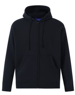 A navy full-zip fleecy hoodie with a hood and front pockets, featuring a logo.