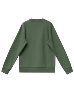 A green unisex crew neck sweater with a simple design and ribbed cuffs. Features a branding logo.