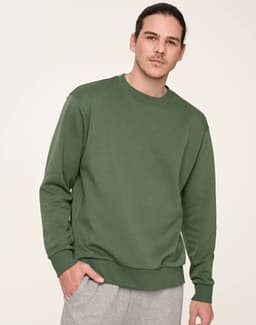A unisex crew neck sweater in a green shade, featuring a relaxed fit and a logo on the front.