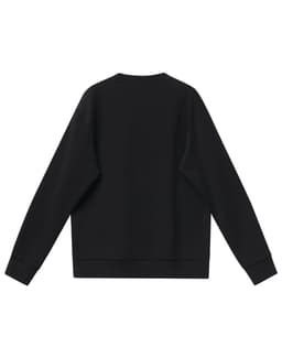 A black unisex crew neck sweater with long sleeves and a plain back. It features a logo.