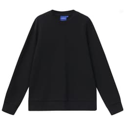 A black unisex crew neck sweater with long sleeves and a simple design. It features a small logo on the neckline.