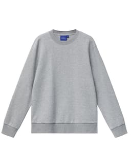 A grey unisex crew neck sweater with long sleeves and a ribbed hem, featuring a brand logo.