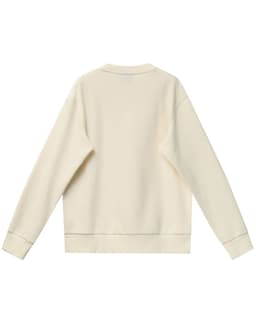 A creamy white unisex crew neck sweater with a relaxed fit and ribbed cuffs. Features a branding logo.