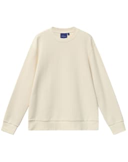 A unisex airlayered CVC crew neck sweater in cream with long sleeves and a casual fit. Features a logo tag.