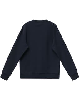 A back view of a navy unisex crew neck sweater featuring long sleeves and a simple design. It has a logo on the back.
