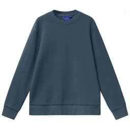 A unisex air-layered crew neck sweater in a deep blue colour. The garment has long sleeves and a relaxed fit.