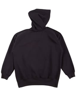 A black kids' fleece hoodie with a hood and raglan sleeves, featuring a plain back and ribbed cuffs.