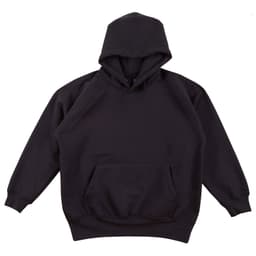 A black kids' fleece hoodie with a front pocket and a drawstring hood. It features a brand logo.