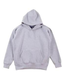 A grey kids' fleece hoodie featuring a front pocket and a hood, with raglan sleeves. It has a logo on it.