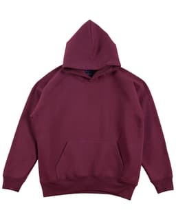 A burgundy kids' fleece hoodie featuring a kangaroo pocket and a large hood. It has a logo on the label.