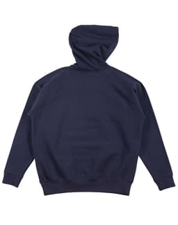 A navy blue kids' fleece hoodie with a hood and ribbed cuffs and hem. It features a branding logo.