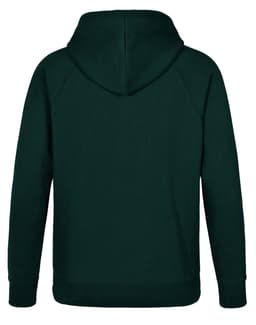 A dark green men's fleecy hoodie featuring a hood and long sleeves, with a plain back and a logo.