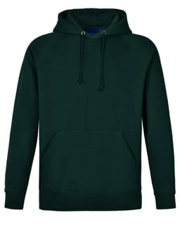 A green men's fleecy hoodie featuring a front pocket and a hood, with a brand logo.