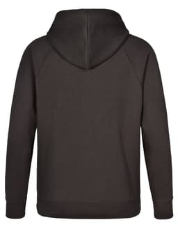A dark brown men's fleecy hoodie featuring a hood and long sleeves. Includes a logo on the back.