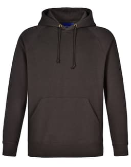 A men's fleecy hoodie in dark brown with a front pocket and drawstring hood. Features a logo.