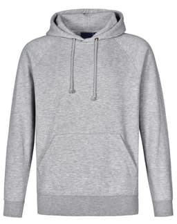 A grey men's fleecy hoodie featuring a kangaroo pocket and a drawstring hood. It has a logo on the chest.