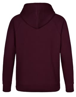 A maroon men's fleecy hoodie with a hood, featuring raglan sleeves and a solid design. It has a branding logo.