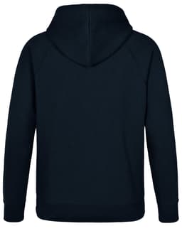 A navy blue men's fleecy hoodie featuring a full hood and long sleeves, with a logo on the back.