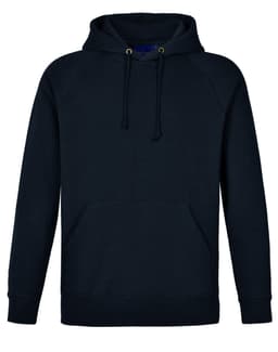 A black men's fleecy hoodie featuring a front pocket and a drawstring hood, with a logo.