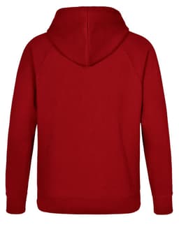 A red fleecy hoodie with a central hood and long sleeves, featuring a plain back design.