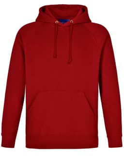 A red fleecy hoodie featuring a kangaroo pocket and a drawstring hood, with a logo present.
