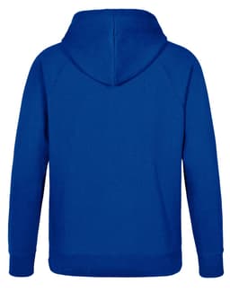 A blue men's fleecy hoodie featuring a hood and a sleek back design. It includes a logo.
