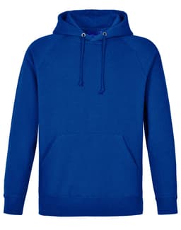 A blue men's fleecy hoodie with a front pocket and adjustable hood, featuring a logo.