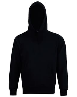 A black kids' close front contrast fleecy hoodie with a front pocket and a hood. It features a logo.