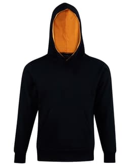 A black hoodie with a contrasting orange lining, featuring a front pocket and a hood. It has a logo.