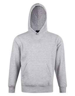 A grey fleece hoodie with a close front, featuring a hood and front pockets. It has a logo on the design.