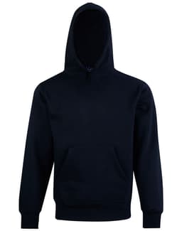 A black kids' hoodie with a front pocket and a large hood. It features a logo on the front.