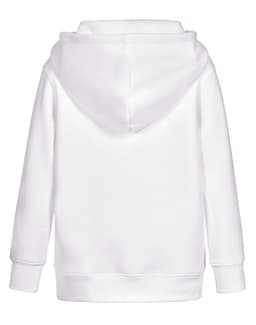 A white kids' hoodie with a close front design and a hood. Features long sleeves and a simple back view.