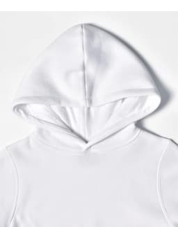 A white fleecy hoodie featuring a close front design and a drawstring hood, with a small logo.