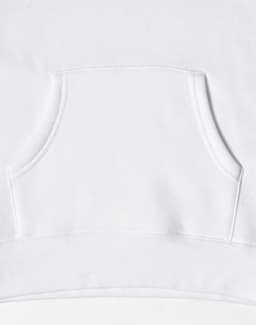 A white fleece hoodie featuring a front pocket and a smooth texture. It includes a logo detail.